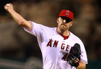 ANAHEIM, CA - OCTOBER 01:  Starting pitcher John Lackey #41 of the Los Angeles Angels of Anaheim delivers a pitch in the second inning against the Boston Red Sox during game one of the American League Division Series at Angel Stadium on October 1, 2008 in Anaheim, California.  (Photo by Jeff Gross/Getty Images)