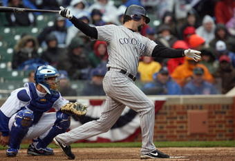CHICAGO - APRIL 13:  Todd Helton #17 of the Colorado Rockies bats against the Chicago Cubs during the Opening Day game on April 13, 2009 at Wrigley Field in Chicago, Illinois. The Cubs defeated the Rockies 4-0. (Photo by Jonathan Daniel/Getty Images) 