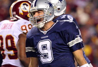 LANDOVER, MD - NOVEMBER 16:  Tony Romo #9 of the Dallas Cowboys in action against the Washington Redskins on November 16, 2008 at FedEx Field in Landover, Maryland.  (Photo by Jim McIsaac/Getty Images)