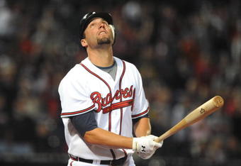 ATLANTA - APRIL 10: Outfielder Jeff Francoeur #7 of the Atlanta Braves follows a foul popup against the Washington Nationals April 10, 2009 in Atlanta, Georgia.  (Photo by Al Messerschmidt/Getty Images) 