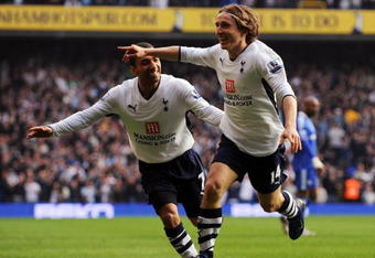 LONDON - MARCH 21:  Luka Modric (#14) of Tottenham celebrates after he scores the first goal of the game during the Barclays Premier League match between Tottenham Hotspur and Chelsea at White Hart Lane on March 21, 2009 in London, England.  (Photo by Shaun Botterill/Getty Images)