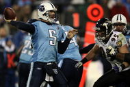 NASHVILLE, TN - JANUARY 10:  Quarterback Kerry Collins #5 of the Tennessee Titans throws the ball against the Baltimore Ravens during the AFC Divisional Playoff Game on January 10, 2009 at LP Field in Nashville, Tennessee.  (Photo by Jonathan Daniel/Getty Images)