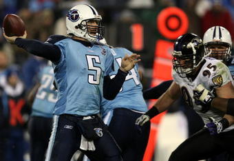 NASHVILLE, TN - JANUARY 10:  Quarterback Kerry Collins #5 of the Tennessee Titans throws the ball against the Baltimore Ravens during the AFC Divisional Playoff Game on January 10, 2009 at LP Field in Nashville, Tennessee.  (Photo by Jonathan Daniel/Getty Images)
