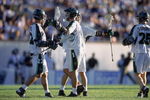 6 Jul 2001:  Gary Gait #1 and Casey Powell #22 of the Long Island Lizards are on the field during the Major League Lacrosse game against the Boston Cannons at Cawley Field in Hudson, Massachusetts.  The Lizards defeated the Cannons 11-10.Mandatory Credit: Ezra Shaw  /Allsport