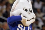 CLEVELAND - MARCH 16:  The Billiken, mascot of the St. Louis University Billikens entertains the crowd during round one of the Midwest NCAA Tournament Game against the Utah Runnin Utes at the Cleveland State University Convocation Center on March 16, 2000 in Cleveland, Ohio. The Runnin Utes defeated the Billikens 48-45.  (Photo by Doug Pensinger/Getty Images)