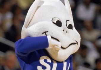 CLEVELAND - MARCH 16:  The Billiken, mascot of the St. Louis University Billikens entertains the crowd during round one of the Midwest NCAA Tournament Game against the Utah Runnin Utes at the Cleveland State University Convocation Center on March 16, 2000 in Cleveland, Ohio. The Runnin Utes defeated the Billikens 48-45.  (Photo by Doug Pensinger/Getty Images)