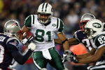 FOXBORO, MA - NOVEMBER 13:  Dustin Keller #81 of the New York Jets weaves past Jason Webster #23 of the New England Patriots on November 13, 2008 at Gillette Stadium in Foxboro, Massachusetts.  (Photo by Elsa/Getty Images)