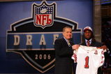 NEW YORK - APRIL 29:  Vernon Davis (R) poses with NFL Commissioner Paul Tagliabue after being selected sixth overall by the San Francisco 49ers at the 2006 NFL Draft on April 29, 2006 at Radio City in New York City.  (Photo by Chris Trotman/Getty Images)