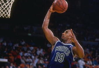 1990:  Guard Tony Campbell of the Minnesota Timberwolves goes up for two during a game against the Los Angeles Lakers at the Great Western Forum in Inglewood, California. Mandatory Credit: Ken Levine  /Allsport