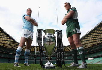 TWICKENHAM, ENGLAND - MAY 15:  Geordan Murphy (L) captain of Leicester Tigers and Bob Casey captain of London Irish, pose with the Guinness Premiership Trophy on the eve of the Guinness Premiership Final at Twickenham Stadium on May 15, 2009 in Twickenham, England.  (Photo by David Rogers/Getty Images)