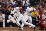 MILWAUKEE - OCTOBER 05: Ryan Braun #8 of the Milwaukee Brewers hits a single against the Philadelphia Phillies in game four of the NLDS during the 2008 MLB playoffs at Miller Park on October 5, 2008 in Milwaukee, Wisconsin. The Phillies won the game 6-2 to win the series 3 games to 1. (Photo by Jim McIsaac/Getty Images) 