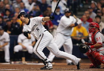 MILWAUKEE - OCTOBER 05: Ryan Braun #8 of the Milwaukee Brewers hits a single against the Philadelphia Phillies in game four of the NLDS during the 2008 MLB playoffs at Miller Park on October 5, 2008 in Milwaukee, Wisconsin. The Phillies won the game 6-2 to win the series 3 games to 1. (Photo by Jim McIsaac/Getty Images) 