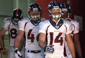 KANSAS CITY - SEPTEMBER 28:  Brandon Stockley #14 of the Denver Broncos leads his team down the tunnel before the game against the Kansas City Chiefs on September 28, 2008 at Arrowhead Stadium in Kansas City, Missouri. The Chiefs defeated the Broncos 33-19.  (Photo by: Jamie Squire/Getty Images)