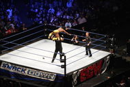 SYDNEY, AUSTRALIA - JUNE 15:  Kofi Kingston leaps from the turnbuckle against Chuck Palumbo during WWE Smackdown at Acer Arena on June 15, 2008 in Sydney, Australia.  (Photo by Gaye Gerard/Getty Images)