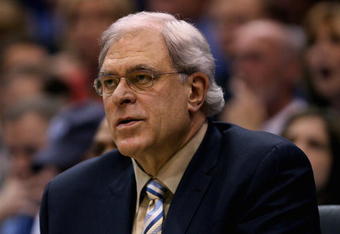 SALT LAKE CITY - APRIL 25:  Head coach Phil Jackson of the Los Angeles Lakers sits on the bench in Game Four of the Western Conference Quarterfinals against the Utah Jazz during the 2009 NBA Playoffs at Energy Solutions Arena on April 25, 2009 in Salt Lake City, Utah.  The Lakers won 108-94.  NOTE TO USER: User expressly acknowledges and agrees that, by downloading and/or using this Photograph, user is consenting to the terms and conditions of the Getty Images License Agreement.  (Photo by Otto Greule Jr/Getty Images)  