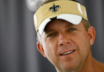 JACKSON, MS - JULY 31: New Orleans Saints head coach Sean Payton answers questions from the media after morning practice during New Orleans Saints Training Camp at Millsaps College July 31, 2008 in Jackson, Mississippi.  (Photo by Sean Gardner/Getty Images)