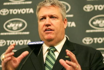 FLORHAM PARK, NJ - JANUARY 21:  Rex Ryan (L) addresses the media during a press conference after being introduced as the new Head Coach of the New York Jets at the Atlantic Health Jets Training Center on January 21, 2009 in Florham Park, New Jersey.  (Photo by Andy Marlin/Getty Images)