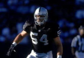 18 Aug 2000:  Greg Biekert #54 of the Oakland Raiders stands in a defensive position during the game against the Detroit Lions at the Network Associates Coliseum in Oakland, California.  The Raiders defeated the Lions 23-17.Mandatory Credit: Jed Jacobsohn  /Allsport