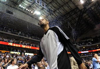 DALLAS - APRIL 23: Forward Tim Duncan #21 of the San Antonio Spurs walks off the court after a 88-67 loss against the Dallas Mavericks in Game Three of the Western Conference Quarterfinals during the 2009 NBA Playoffs at American Airlines Center on April 23, 2009 in San Antonio, Texas. NOTE TO USER: User expressly acknowledges and agrees that, by downloading and or using this photograph, User is consenting to the terms and conditions of the Getty Images License Agreement. (Photo by Ronald Martinez/Getty Images)