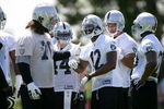 ALAMEDA, CA - MAY 08:  Darrius Heyward-Bey #12 of the Oakland Raiders jokes with Robert Gallery #76 in the huddle during the Raiders minicamp at the team's permanent training facility on May 8, 2009 in Alameda, California.  (Photo by Ezra Shaw/Getty Images)