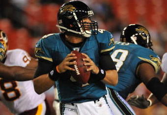 LANDOVER, MD - AUGUST 28: Quarterback Todd Bouman #4 of the Jacksonville Jaguars looks to pass the ball during the preseason game against the Washington Redskins on August 28, 2008 at FedEx Field in Landover, Maryland. The Jaguars won 24-3. (Photo by Larry French/Getty Images)