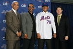 LONG ISLAND CITY, NY - DECEMBER 17: (L-R) General Manager Omar Minaya, Manager Jerry Manuel, Francisco Rodriquez and Chief Operating Officer Jeff Wilpon of the New York Mets pose for a photo during a press conference to introduce Rodriquez on December 17, 2008 at the Citigroup Building in New York City.  (Photo by Mike Stobe/Getty Images)