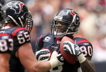 HOUSTON - OCTOBER 05:  Wide receiver Andre Johnson #80 of the Houston Texans celebrates with guard Mike Brisiel #65 after makiing a touchdown catch against the Indianapolis Colts on October 5, 2008 at Reliant Stadium in Houston, Texas.  (Photo by Stephen Dunn/Getty Images)