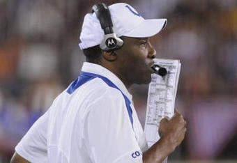 CANTON, OH - AUGUST 3: Defensive coordinator Ron Meeks of the Indianapolis Colts watches play against the Washington Redskins in the Pro Football Hall of Fame Game at Fawcett Stadium on August 3, 2008 in Canton, Ohio.   (Photo by Al Messerschmidt/Getty Images) 