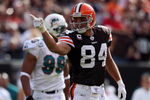CLEVELAND - OCTOBER 14:  Joe Jurevicius #84 of the Cleveland Browns signals for a first down after a reception during the NFL game against the Miami Dolphins at Cleveland Browns Stadium October 14, 2007 in Cleveland, Ohio.  (Photo by Andy Lyons/Getty Images)