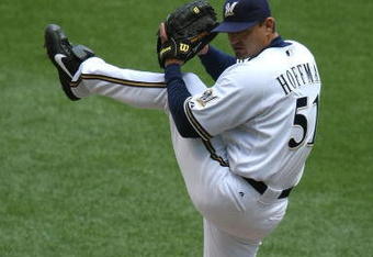 MILWAUKEE - MAY 14: Trevor Hoffman #51 of the Milwaukee Brewers prepares to throw in the 9th inning against the Florida Marlins on May 14, 2009 at Miller Park in Milwaukee, Wisconsin. The Brewers defeated the Marlins 5-3. (Photo by Jonathan Daniel/Getty Images)