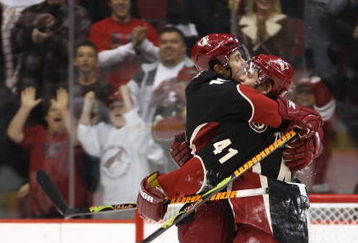GLENDALE, AZ - APRIL 11:  Enver Lisin #18 and Viktor Tikhonov #41 of the Phoenix Coyotes celebrate after Tikhonov scored the game winning shootout goal against the Anaheim Ducks during the NHL game at Jobing.com Arena on April 11, 2009 in Glendale, Arizona. The Coyotes defeated the Ducks in 5-4 in an overtime shootout.  (Photo by Christian Petersen/Getty Images)