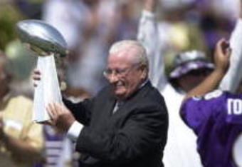 9 Sep 2001: Art Modell, owner of the Baltimore Ravens shows off the superbowl trophy during pre-game festivities at the game against the Chicago Bears at PSINet Stadium in Baltimore, Maryland.  The Ravens won 17-6. DIGITAL IMAGE. Mandatory Credit: Doug Pensinger/Allsport