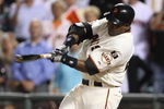 SAN FRANCISCO - SEPTEMBER 26:  Barry Bonds #25 of the San Francisco Giants flies out during his final home at bat as a Giant against the San Diego Padres during a Major League Baseball game on September 26, 2007 at AT&T Park in San Francisco, California.  (Photo by Jed Jacobsohn/Getty Images)