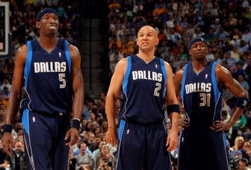 DENVER - MAY 13:  Josh Howard #5, Jason Kidd #2 and Jason Terry #31 of the Dallas Mavericks pause during action against the Denver Nuggets in Game Five of the Western Conference Semifinals during the 2009 NBA Playoffs at Pepsi Center on May 13, 2009 in Denver, Colorado. NOTE TO USER: User expressly acknowledges and agrees that, by downloading and or using this photograph, User is consenting to the terms and conditions of the Getty Images License Agreement.  (Photo by Doug Pensinger/Getty Images)