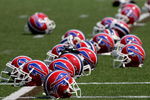 PITTSFORD, NY - JULY 25: Helmets of the Buffalo Bills lay on the field during Training Camp on July 25, 2008 at Saint John Fisher College in Pittsford, New York.  (Photo by Rick Stewart/Getty Images)