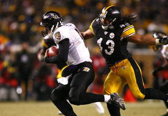 PITTSBURGH - JANUARY 18:  Troy Polamalu #43 of the Pittsburgh Steelers runs down Joe Flacco #5 of the Baltimore Ravens during the AFC Championship game on January 18, 2009 at Heinz Field in Pittsburgh, Pennsylvania.  (Photo by Al Bello/Getty Images)