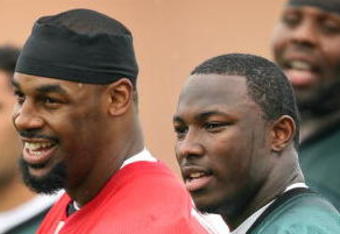 PHILADELPHIA - MAY 1: Quarterback Donovan McNabb #5 (L) stands  on the sideline with second round draft pick running back LeSean McCoy #29 of the Philadelphia Eagles during minicamp at the NovaCare Complex on May 1, 2009 in Philadelphia, Pennsylvania. (Photo by Hunter Martin/Getty Images)