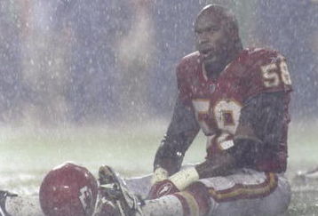 4 Oct 1998:  Outside lineback Derrick Thomas #58 of the Kansas City Chiefs sits on the field in the rain during a game against the Seattle Seahawks at the Arrowhead Stadium in Kansas City, Missouri. The Chiefs defeated the Seahawks 17-6.