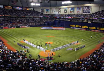 MINNEAPOLIS, MN - APRIL 6: The national anthem is played at the Minnesota Twins Opening Day game against the Seattle Mariners on April 6, 2009 at the Metrodome in Minneapolis, Minnesota. (Photo by Scott A. Schneider/Getty Images)