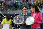 MADRID, SPAIN - MAY 17:  Mens and womens champions Dinara Safina of Russia and Roger Federer of Switzerland pose for photographs during the prize giving ceremony during the Madrid Open tennis tournament at the Caja Magica on May 17, 2009 in Madrid, Spain.  (Photo by Clive Brunskill/Getty Images)
