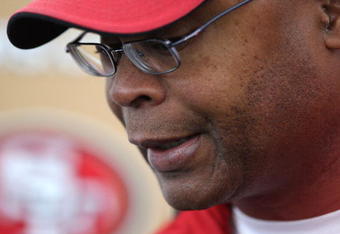 SANTA CLARA, CA - MAY 01: Head coach Mike Singletary of the San Francisco 49ers talks with the media during the 49ers Minicamp at their training facilities on May 1, 2009 in Santa Clara, California.  (Photo by Jed Jacobsohn/Getty Images)