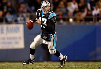 CHARLOTTE, NC - DECEMBER 08:  Jake Delhomme #17 of the Carolina Panthers looks to pass against the Tampa Bay Buccaneers at Bank of America Stadium on December 8, 2008 in Charlotte, North Carolina  (Photo by Streeter Lecka/Getty Images)
