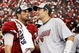 GLENDALE, AZ - JANUARY 18:  (L-R) Quarterbacks Matt Leinart #7 and Kurt Warner #13 of the Arizona Cardinals celebrate after winning the NFC championship game against the Philadelphia Eagles on January 18, 2009 at University of Phoenix Stadium in Glendale, Arizona. The Cardinals defeated the Eagles 32-25 to advance to the Super Bowl.  (Photo by Jamie Squire/Getty Images)