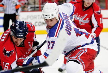 WASHINGTON - APRIL 15: Boyd Gordon #15 of the Washington Capitals battles for the puck on a face off against Brandon Dubinsky #17 of the New York Rangers during Game One of the Eastern Conference Quarterfinals of the 2009 NHL Stanley Cup Playoffs on April 15, 2009 at the Verizon Center in Washington, DC.  (Photo by Len Redkoles/Getty Images)