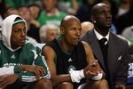 BOSTON - APRIL 18:  Paul Pierce #34, Ray Allen #20 and Kevin Garnett #5 of the Boston Celtics watch from the bench in the first half against the Chicago Bulls  in Game One of the Eastern Conference Quarterfinals during the 2009 NBA Playoffs at TD Banknorth Garden on April 18, 2009 in Boston, Massachusetts. NOTE TO USER: User expressly acknowledges and agrees that, by downloading and or using this photograph, User is consenting to the terms and conditions of the Getty Images License Agreement. (Photo by Elsa/Getty Images)