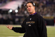 BALTIMORE - DECEMBER 14:  Head coach John Harbaugh of the Baltimore Ravens looks on late in the game against the Pittsburgh Steelers on December 14, 2008 at M&T Bank Stadium in Baltimore, Maryland. The Steelers defeated the Ravens 13-9.  (Photo by Jim McIsaac/Getty Images)