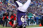 BALTIMORE - NOVEMBER 23:  Mark Clayton #89 of the Baltimore Ravens flips into the endzone for a touchdown against the Philadelphia Eagles on November 23, 2008 at M&T Bank Stadium in Baltimore, Maryland. The Ravens defeated the Eagles 36-7.  (Photo by Jim McIsaac/Getty Images)