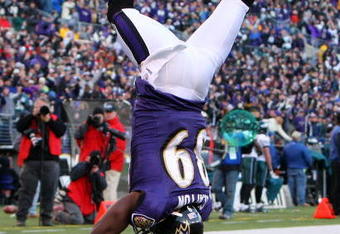 BALTIMORE - NOVEMBER 23:  Mark Clayton #89 of the Baltimore Ravens flips into the endzone for a touchdown against the Philadelphia Eagles on November 23, 2008 at M&T Bank Stadium in Baltimore, Maryland. The Ravens defeated the Eagles 36-7.  (Photo by Jim McIsaac/Getty Images)