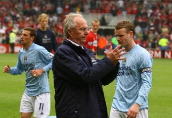 MIDDLESBROUGH, UNITED KINGDOM - MAY 11:  Manchester City manager Sven Govan Eriksson claps off his team as they suffer an eight goal defeat in the Barclays Premier League Match between Middlesbrough and Manchester City at Riverside Stadium on May 11, 2008 in Middlesbrough, England.  (Photo by Warren Little/Getty Images)