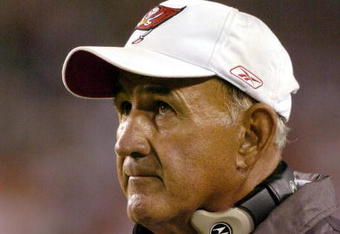Tampa Bay Buccaneers defensive coordinator Monte Kiffin, a candidate for the University of Nebraska head coaching job, watches play November 24, 2003 against the New York Giants  at Raymond James Stadium, Tampa.  (Photo by Al Messerschmidt/Getty Images)
